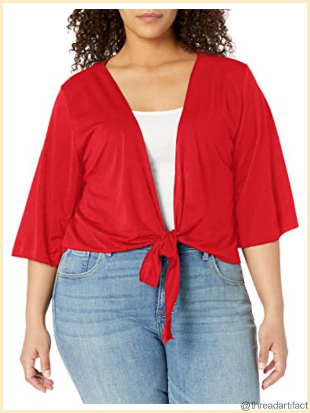 Womens 3/4 Bell Sleeve Tie Front Shrug Sweater Soft Knit